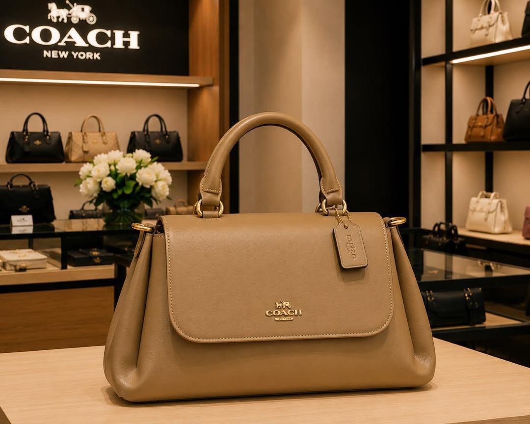 Beige Coach Leather Top Handle Satchel Bag