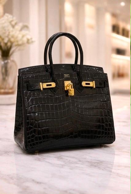 Birkinn Black Croc Effect Top Handle Bag