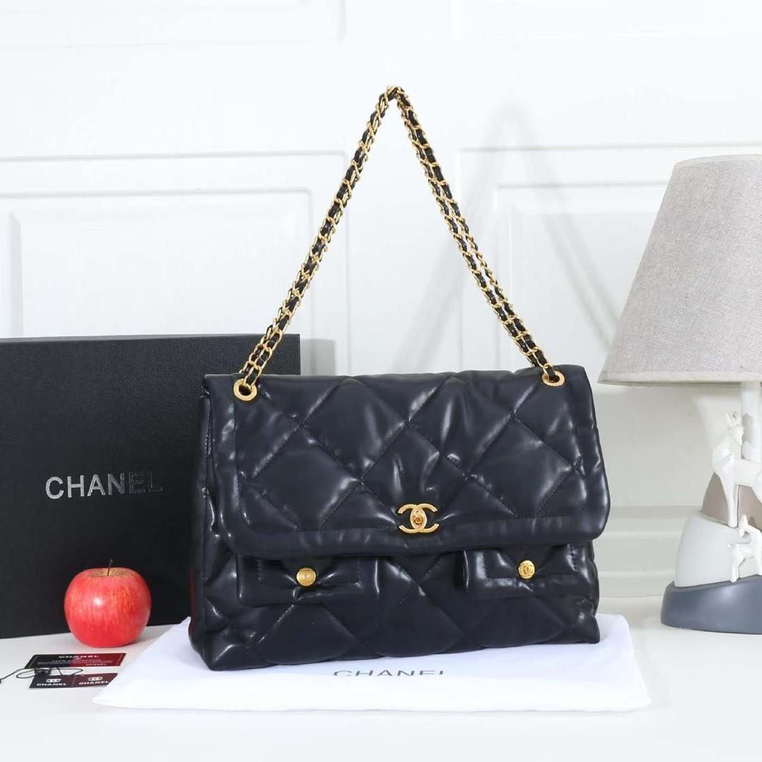 Black Chanel Quilted Leather Flap Shoulder Bag with Dual Front Pockets