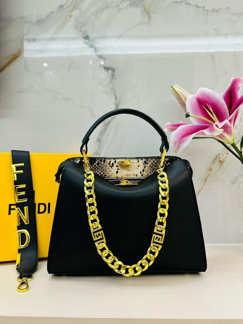 Black Fendi Leather Shoulder Bag Black Gold Hardware