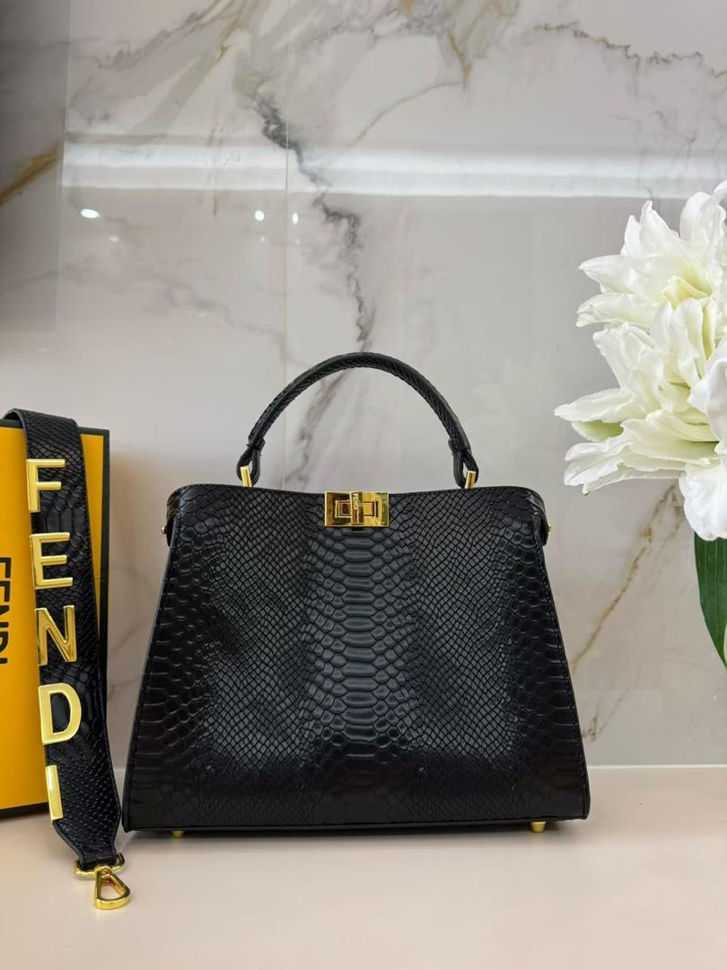 Black Fendi Peekaboo Python-Embossed Leather Top Handle Bag