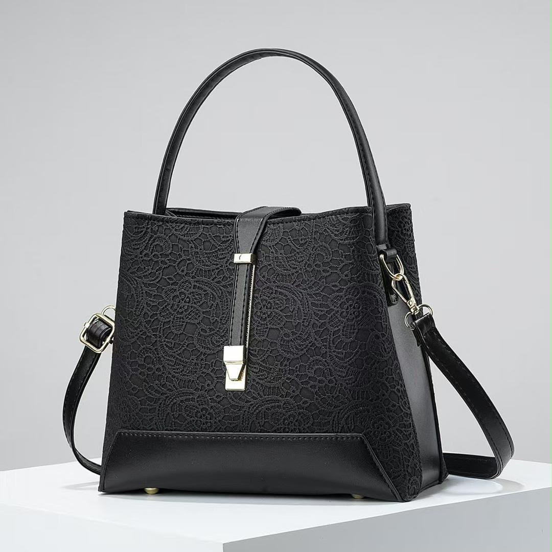Black Lace Pattern Top Handle Bucket Bag