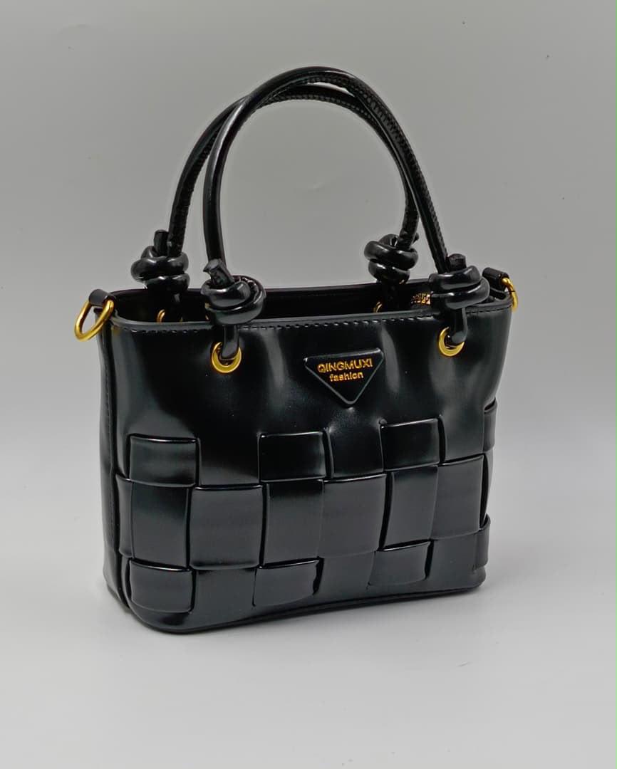 Black Qingmuxi Woven Leather Top Handle Tote Bag