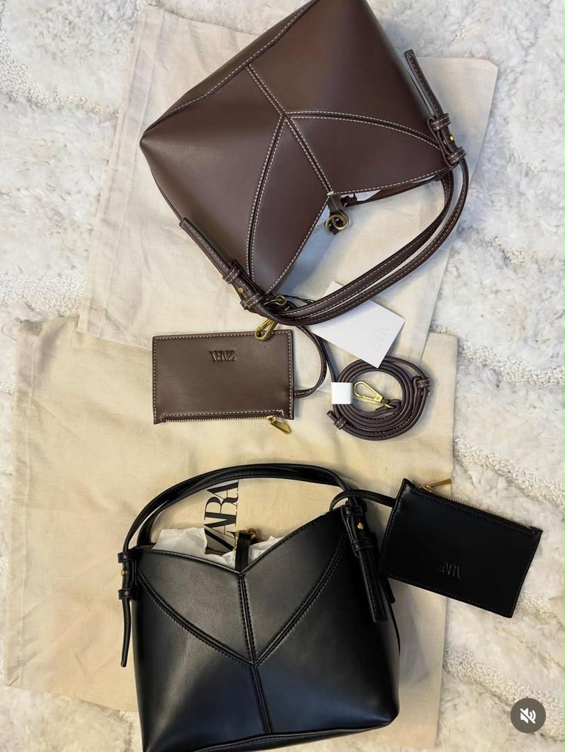 Black Zara Geometric Contrast Stitch Bucket Bag