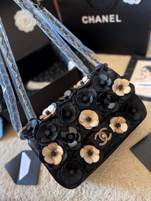 Black and White Fashion Camellia Flower Applique Flap Bag - Image 2