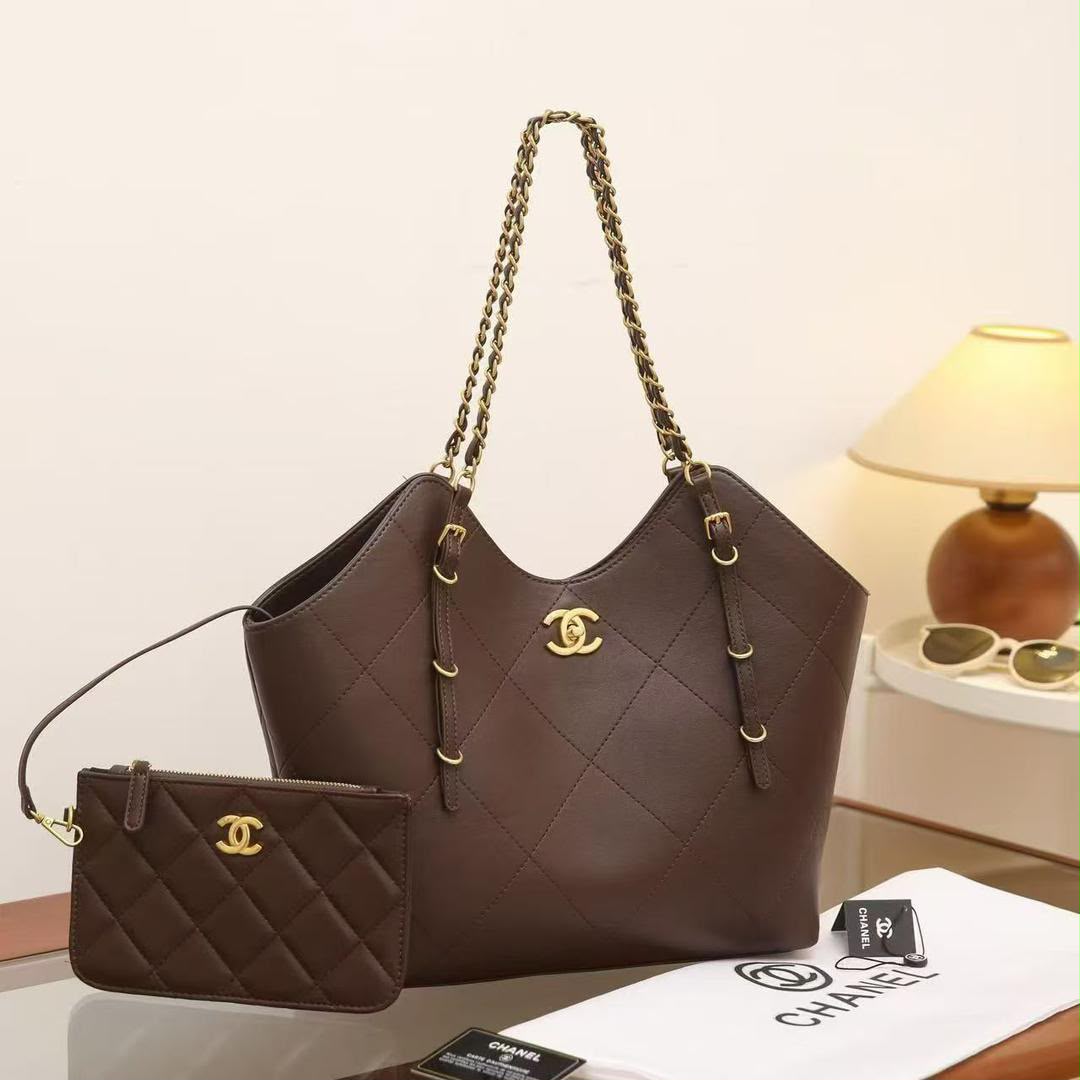 Brown Chanel Quilted Caviar Leather Tote Bag