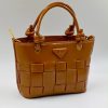 Brown Qingmuxi Woven Leather Top Handle Tote Bag