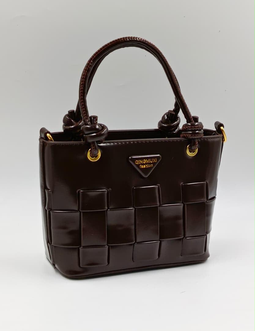 Dark Brown Qingmuxi Woven Leather Top Handle Tote Bag