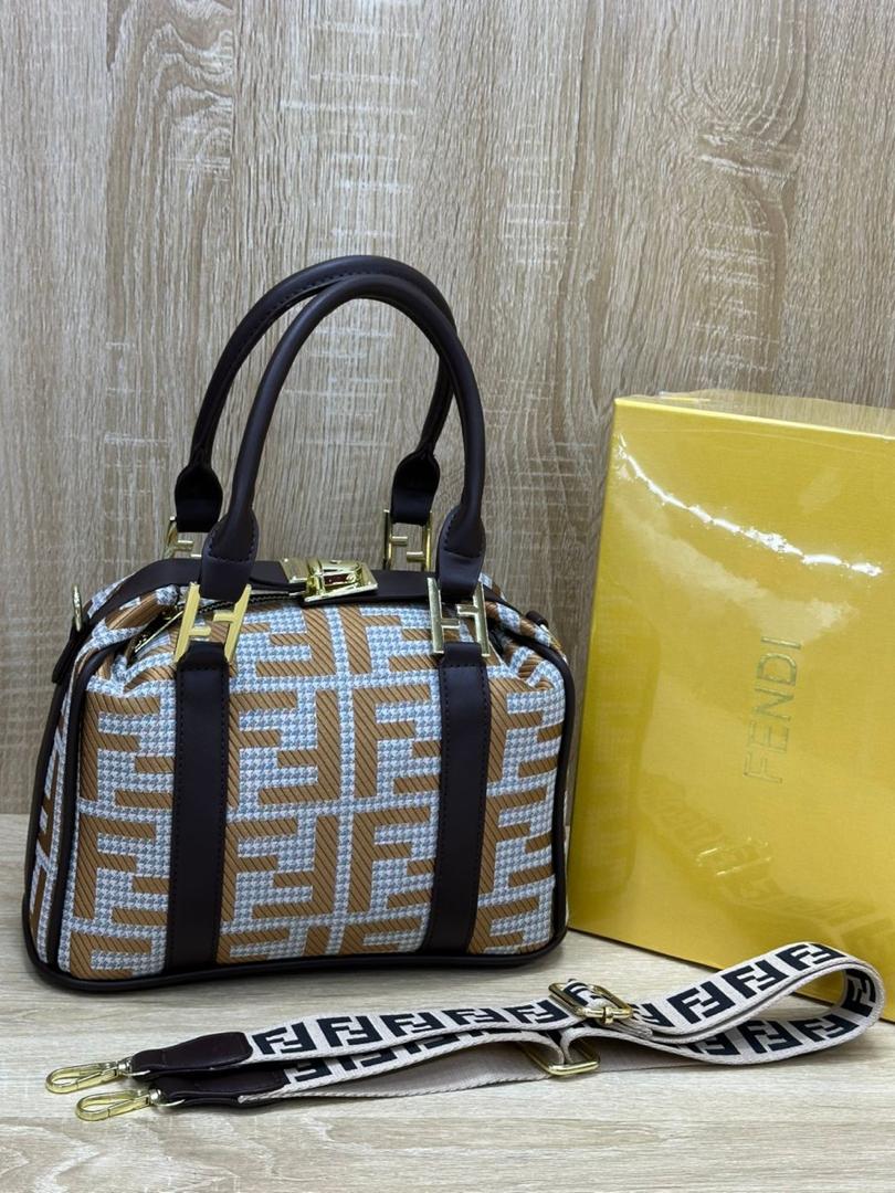 Fendi Boston Brown FF Monogram Fabric Bowling Bag
