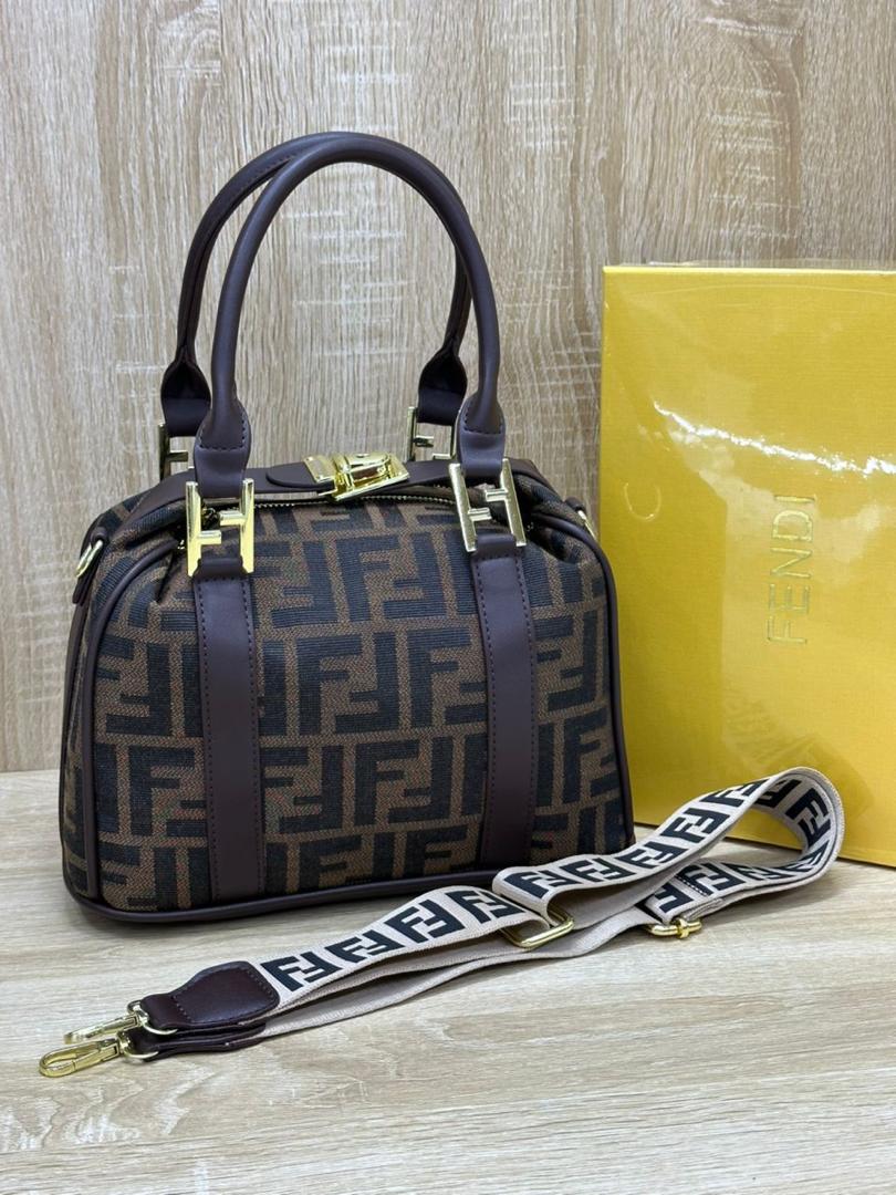 Fendi Boston Dark Brown FF Monogram Fabric Bowling Bag
