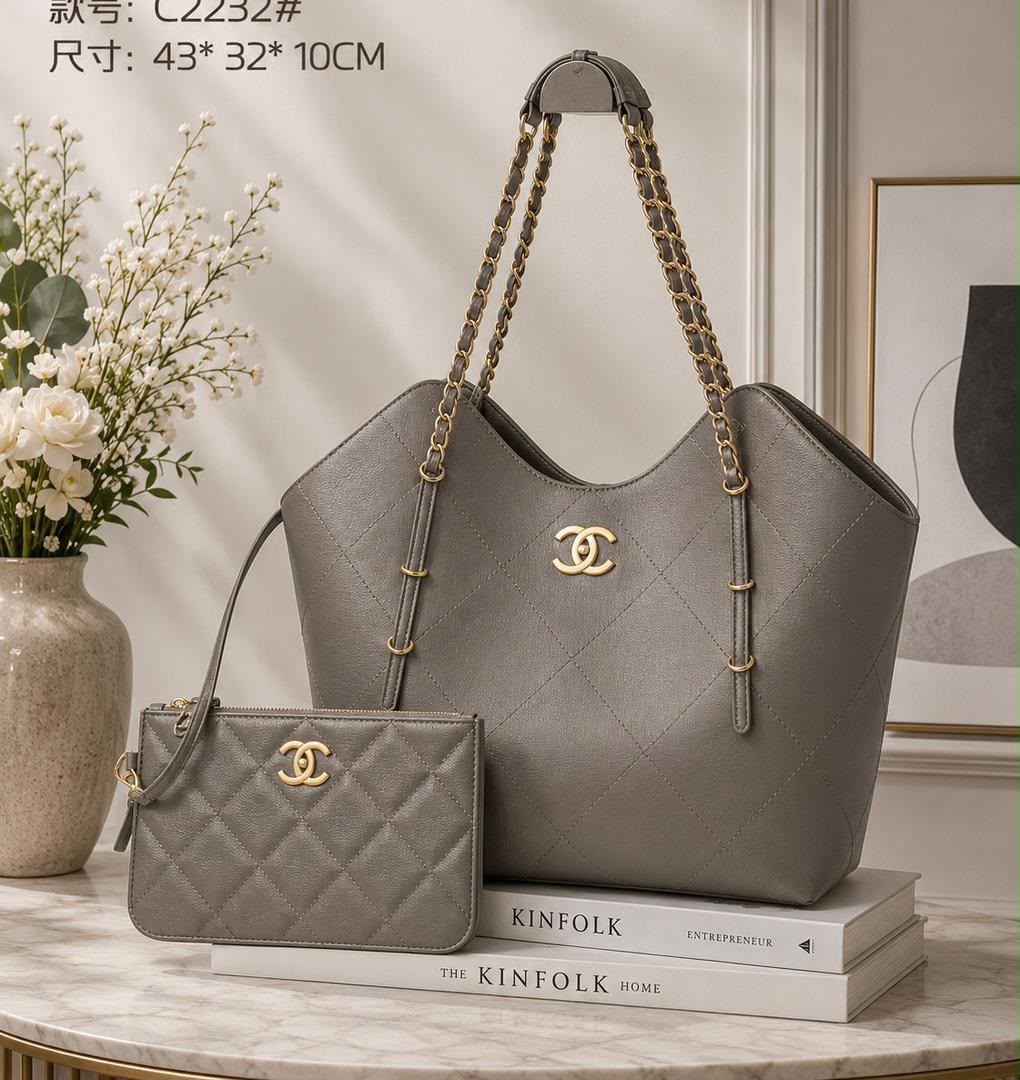 Grey Chanell Quilted Caviar Leather Tote Bag