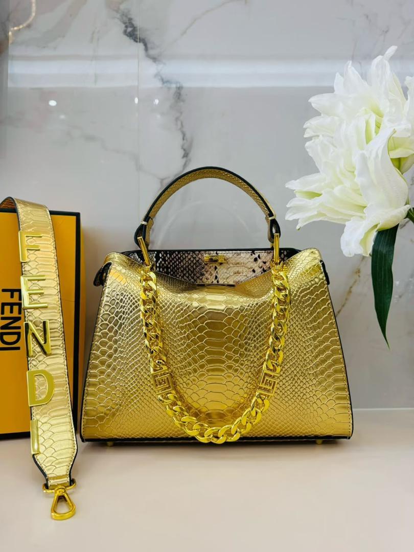 Metallic Gold Fendi Peekaboo Python-Embossed Leather Top Handle Bag