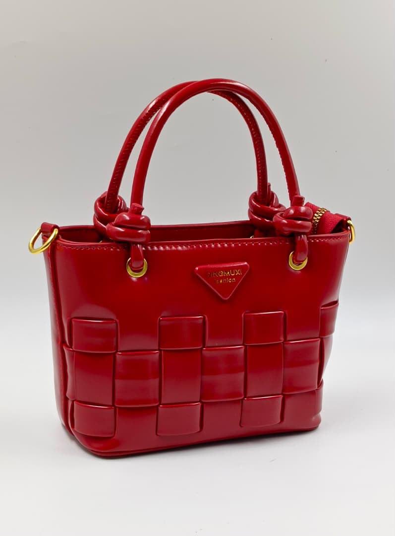 Red Qingmuxi Woven Leather Top Handle Tote Bag