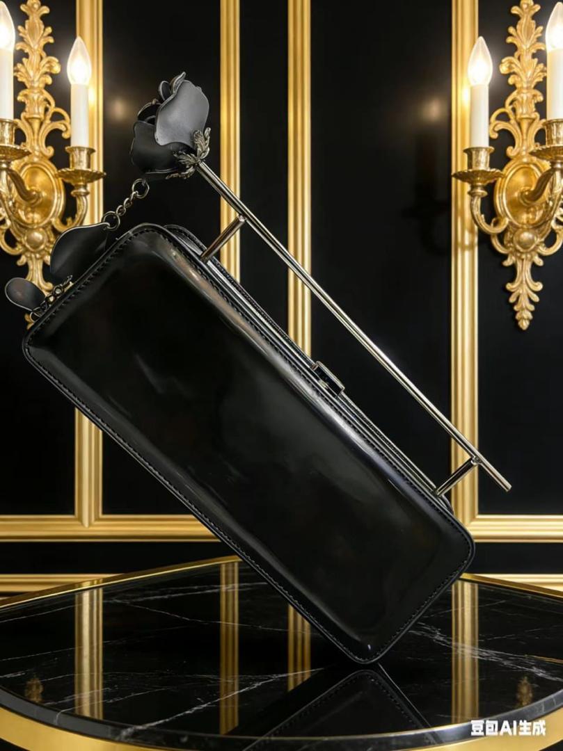 Rose Handle Black Patent Clutchh Bag