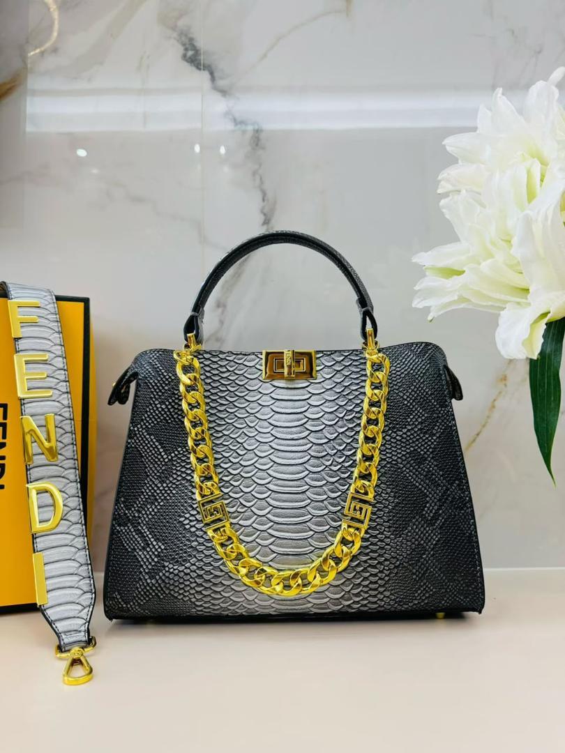 Silver and Black Fendi Peekaboo Python-Embossed Leather Top Handle Bag