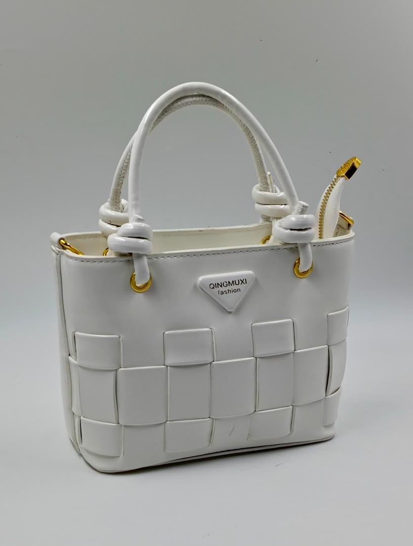 White Qingmuxii Woven Leather Top Handle Tote Bag