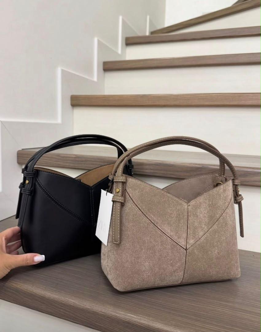 Black or Taupe Zara Geometric Paneled Bucket Bag